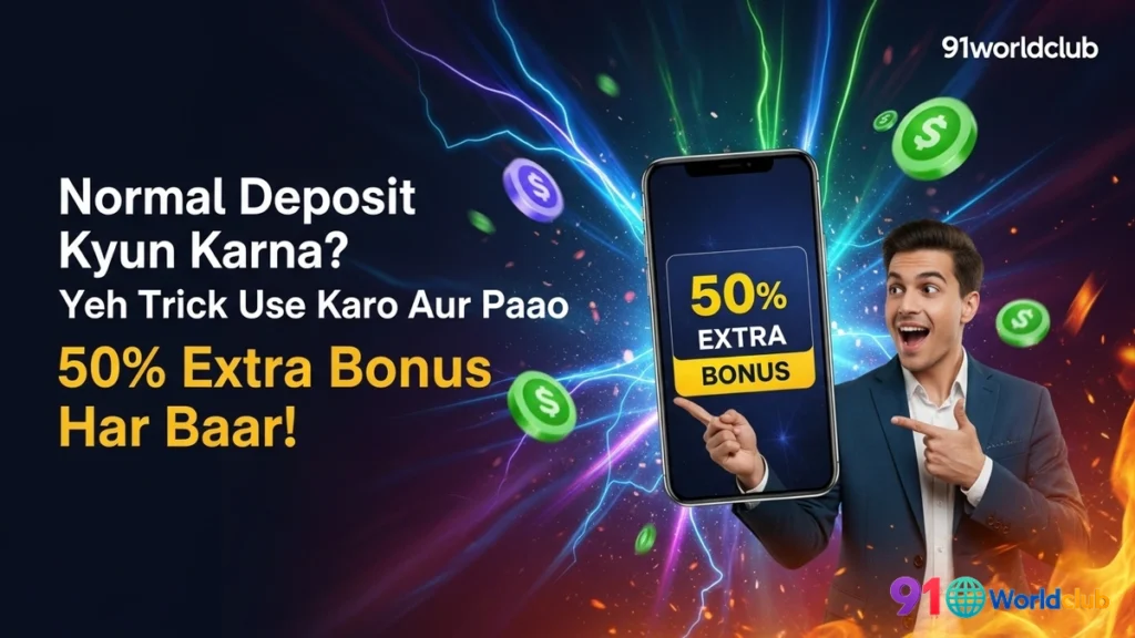 91 Club ka 50% deposit bonus offer ka poster.