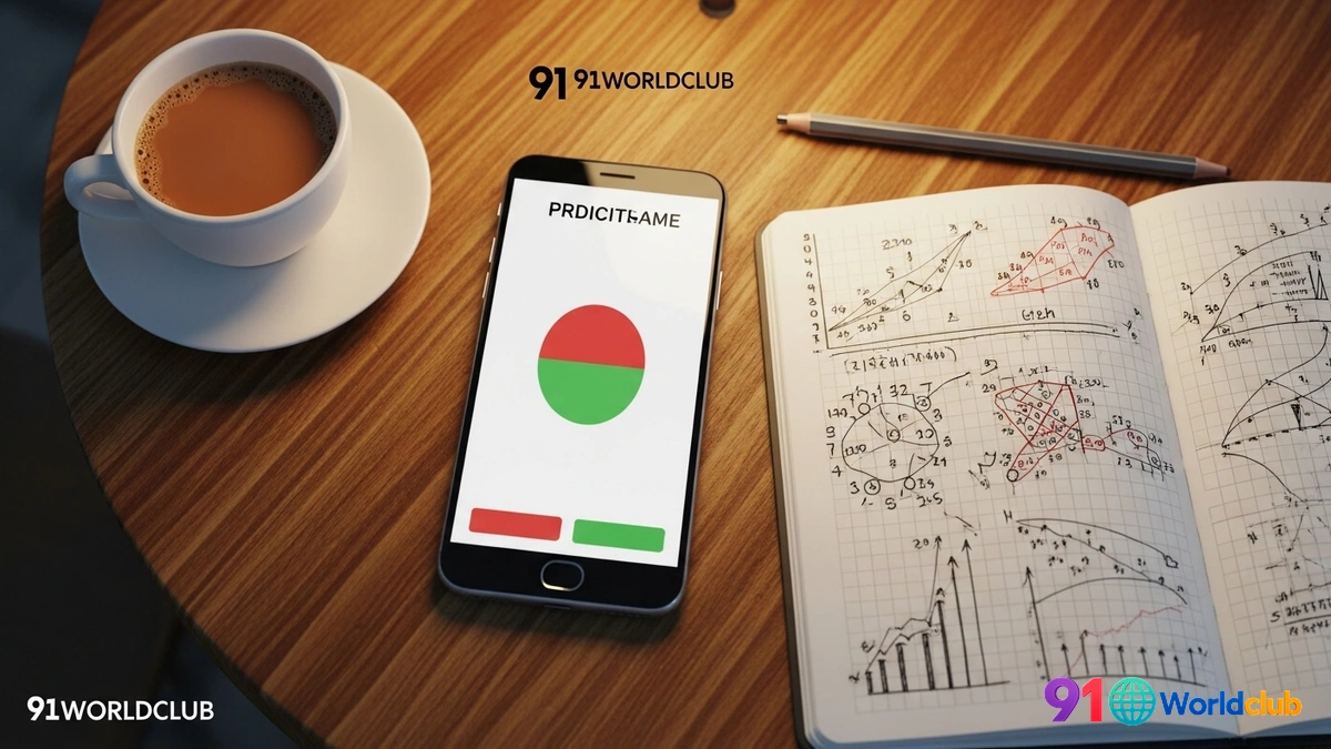 Ek vyakti 91 Club game ki strategy banate hue phone aur notebook mein patterns ko samajh raha hai.