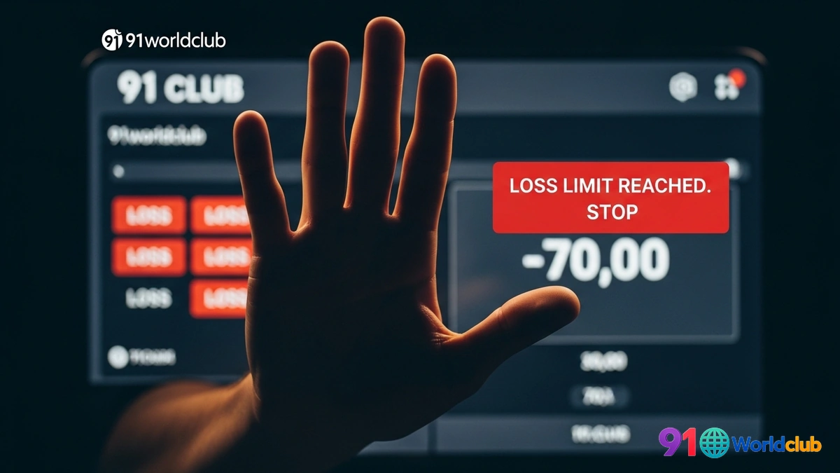 Ek haath 91 Club game mein loss hone par smartphone ke aage 'rukne' ka ishara kar raha hai.