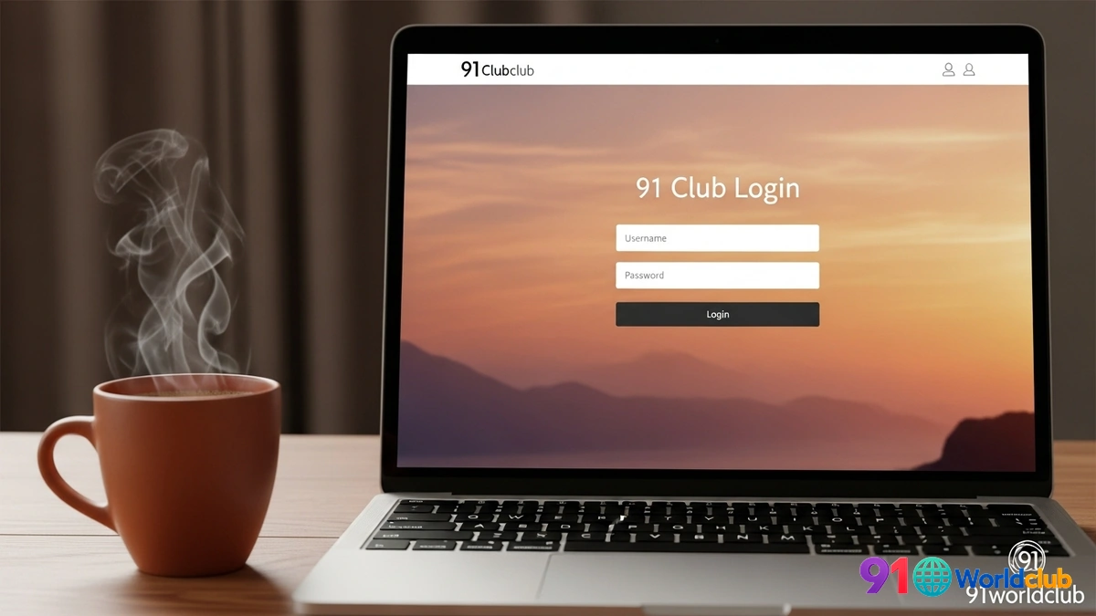 Laptop screen par 91 Club game login page, jiske paas ek chai ka cup rakha hai.