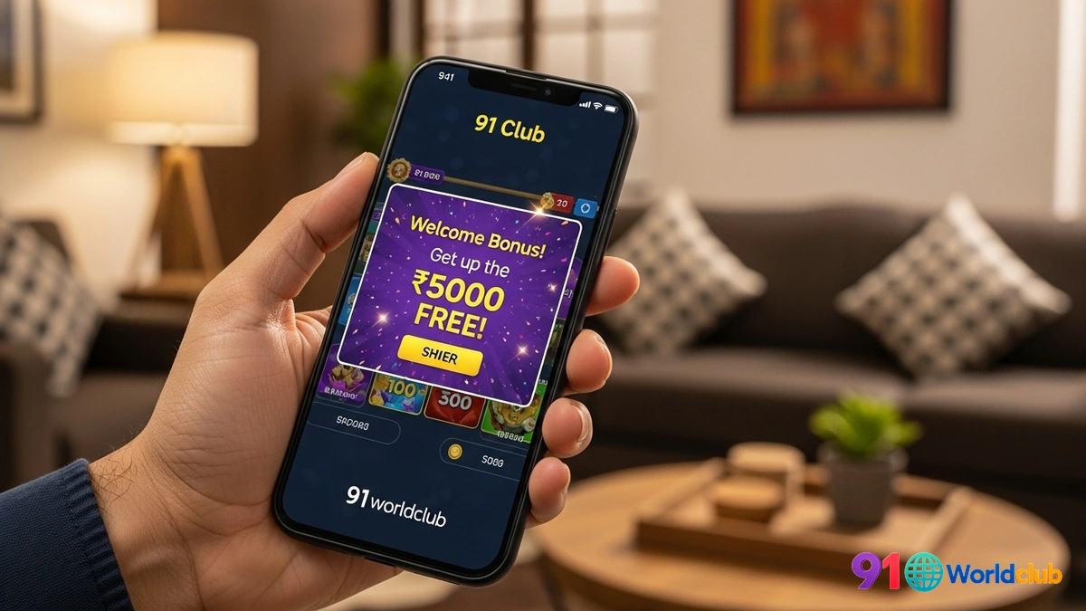 Ek smartphone screen par 91 Club ka welcome bonus offer jismein 'Rs. 5000 tak ka bonus' likha hai.