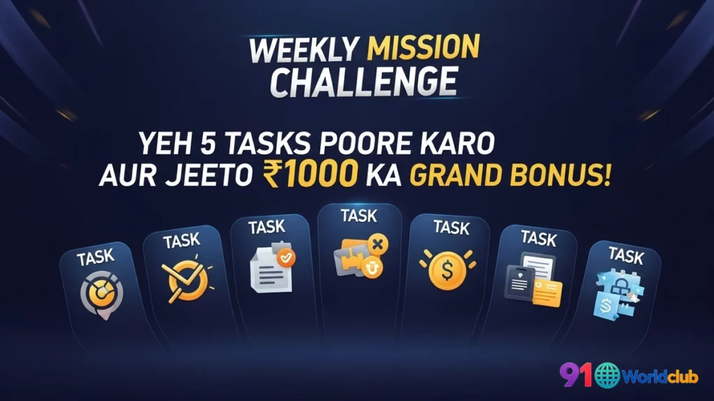 91 Club ka weekly mission challenge ka poster jismein ₹1000 bonus hai.