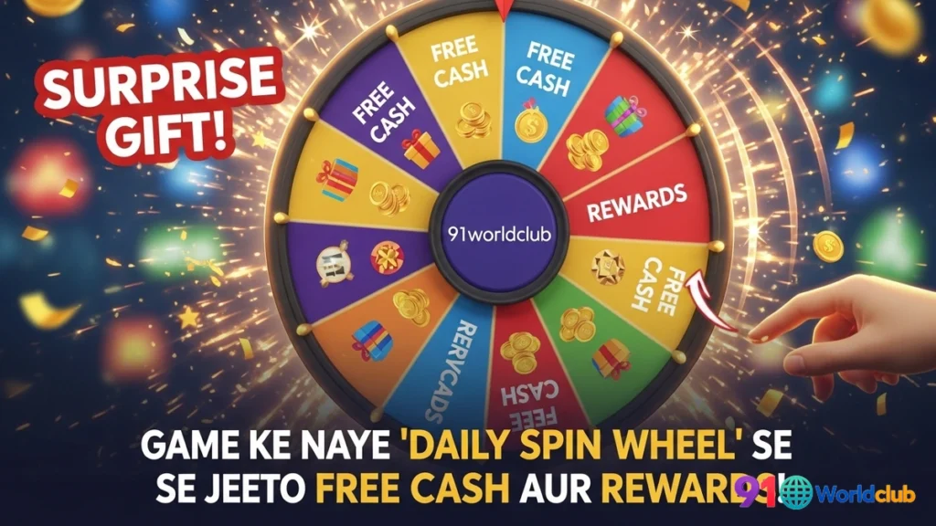 91 Club app mein Daily Spin Wheel ko spin karte hue.