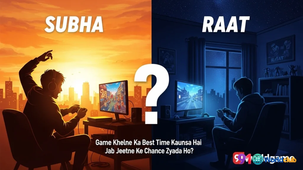 Ek image jo 91 Club khelne ke liye subah aur raat ke samay ki tulna (comparison) kar rahi hai.